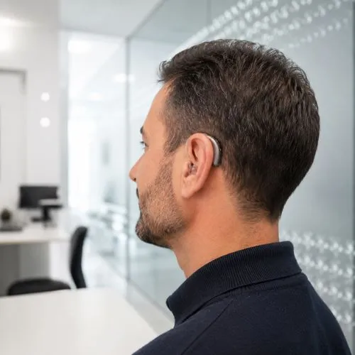Cliente probando un audífono retroauricular en Sensia Óptica, Vera
