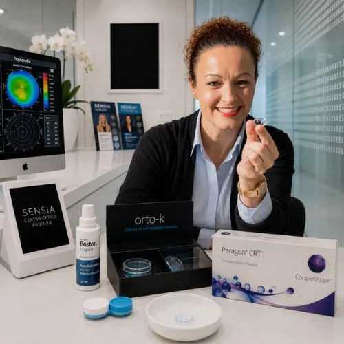 Nuria Cano mostrando lentillas Orto-k Paragon CRT y productos de mantenimiento en Sensia Óptica, Vera