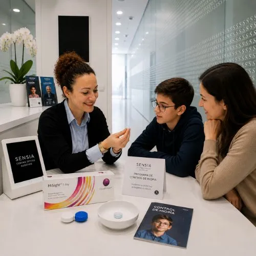 Nuria Cano mostrando el programa de control de miopía MiSight a una madre y su hijo en Sensia Óptica, Vera