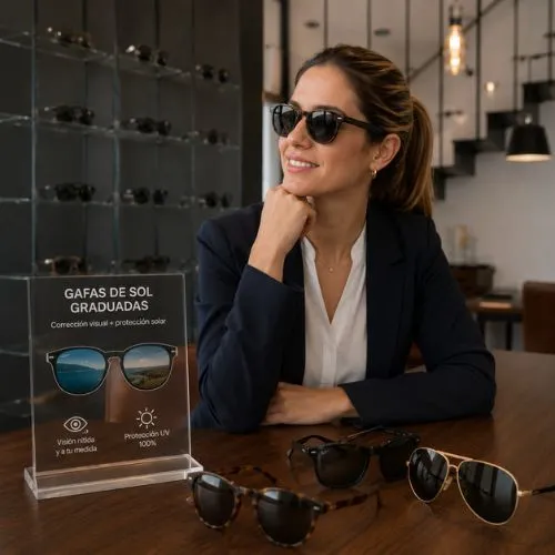 Clienta probándose gafas de sol graduadas en Sensia Óptica, Vera