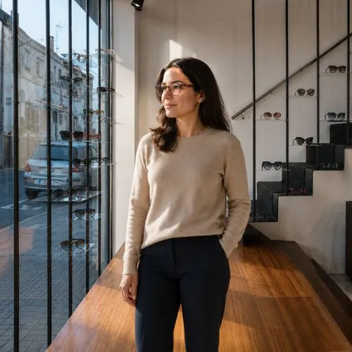 Clienta luciendo gafas con tratamiento antirreflejante en el escaparate de Sensia Optics, Vera