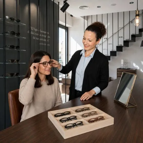 Nuria Cano asesorando a una clienta sobre gafas monofocales en Sensia Optics, Vera